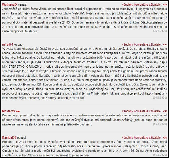 Hodnocení uživatelů ČSFD k Experimentu 21