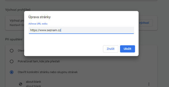 Nastavení domovské stránky v prohlížeči Chrome - 2