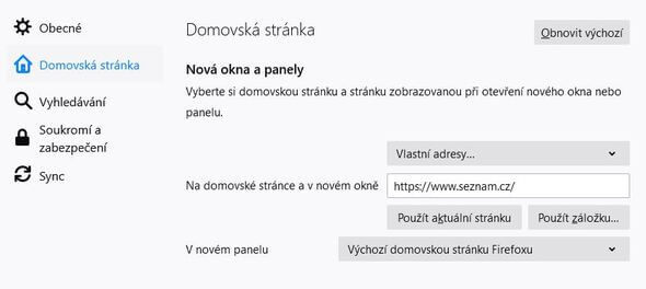 Nastavení domovské stránky v prohlížeči Firefox