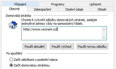 Nastavení domovské stránky v prohlížeči Internet Explorer