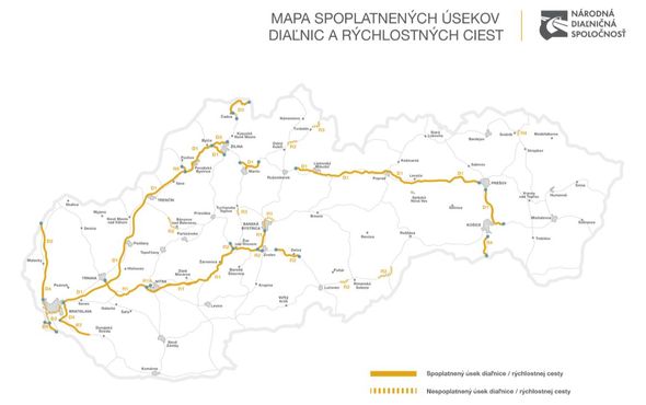 Mapa placených úseků, kde musíte mít platnou dálniční známku.