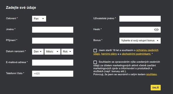 Registrační formulář Fortuny