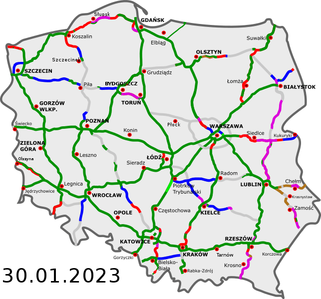 Mapa polských dálnic (mýtné)