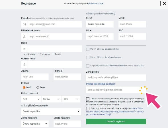 Betano registrace: kolonka pro promo code (nevyplňovat)