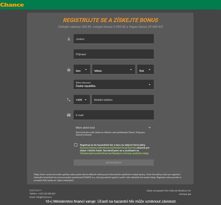 Registrační formulář Chance.