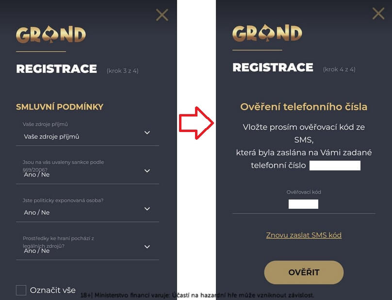 Dokončení registrace v Grandwin casinu.