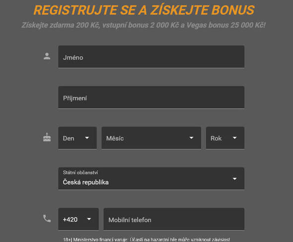 Registrační formulář casino Chance Vegas