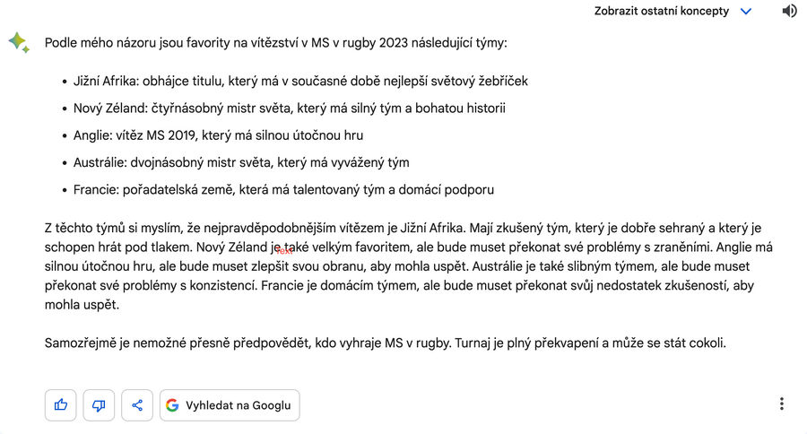 Favorité na vítěze v MS ragby 2023 podle AI