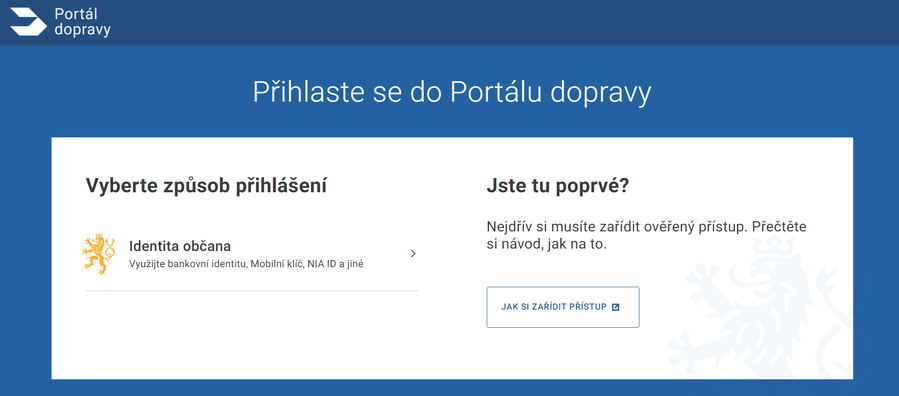 přihlašovací stránka Portálu dopravy